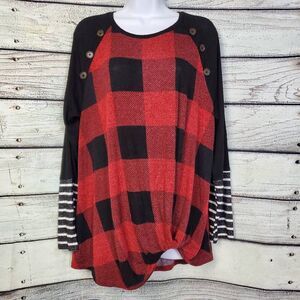 Maurices Women's XL Red Buffalo Plaid Twist Hem Button Detail Top Long Sleeve Sh